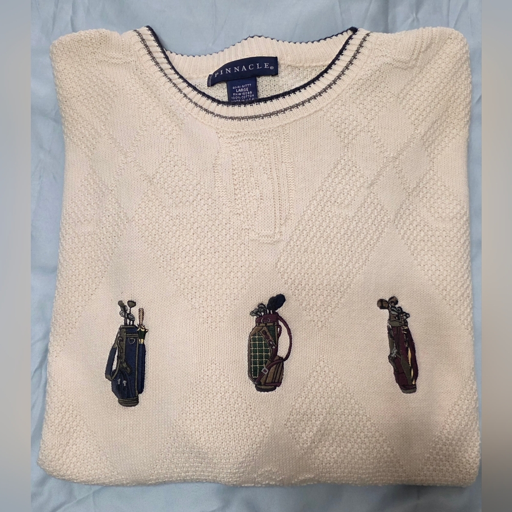 Men's Vintage Pinnacle Embroidered Golf Off White Sweater Size Large